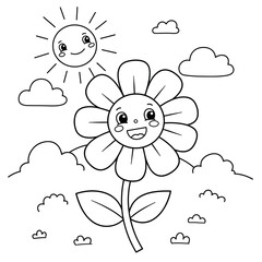 A smiling flower with expressive eyes under a happy sun, surrounded by fluffy clouds, hills, and bushes—perfect for playful, child-friendly coloring pages.