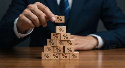 Businessman Stacking Wooden Blocks with Percentage Symbols on a Table for Financial Concept and Investment Analytics