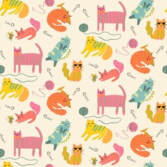 Seamless Pattern with Colorful Cartoon Cats and Playful Elements.