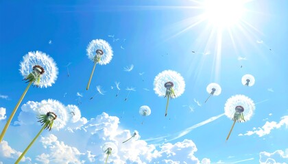 Dandelions seeds float on a sunny, bright blue sky