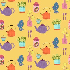 Seamless Pattern with Teapots, Cups, Plants, and Kitchen Elements.