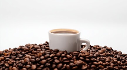 Fototapeta premium White cup filled with fresh hot espresso coffee, surrounded by a pile of brown roasted beans on a white background
