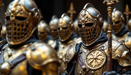 A group of people dressed in gold colored armor and helmets, representing warriors from a historical period. They are standing close together, suggesting unity or readiness for battle