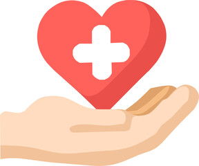 Obraz premium Flat style illustration of a hand holding a red heart with a medical cross, symbolizing healthcare, support, and medical care.