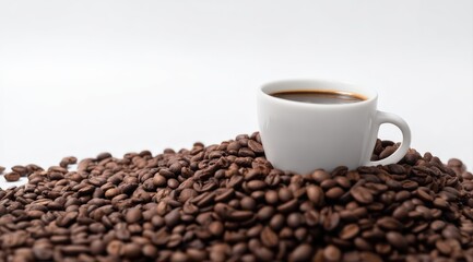 Fototapeta premium Coffee cup filled with hot coffee, surrounded by a pile of roasted coffee beans, creating a warm and inviting scene
