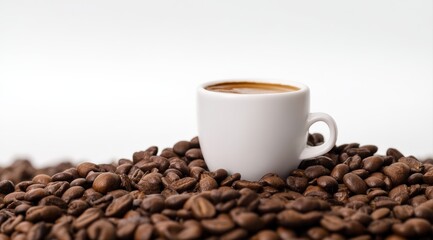 Naklejka premium Small white espresso cup filled with hot coffee, sitting on a bed of roasted coffee beans on a white background