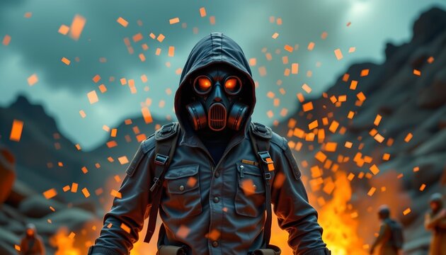 A man in military gear stands before a fiery backdrop, evoking a sense of action and intensity.