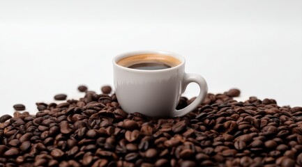 Fototapeta premium Small white espresso cup filled with dark coffee, sitting on a bed of roasted whole coffee beans against a white background