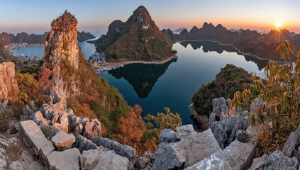 Panoramic view of a tranquil bay, dramatic rock formations, and colorful autumn foliage at sunrise