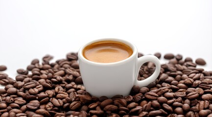 Small white espresso cup filled with dark coffee, surrounded by a pile of roasted coffee beans on a white background