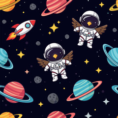 Cute bird astronauts and rockets in a starry galaxy pattern Space exploration fun for kids