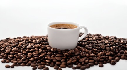 Fototapeta premium Espresso coffee in a white cup sitting on a bed of roasted coffee beans, creating a clean, inviting visual