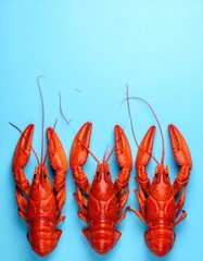 Three vibrant red crawfish on a light blue background