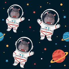 Joyful cartoon hippos explore outer space as astronauts with planets and stars Fun kids adventure