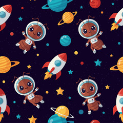 Playful seamless pattern cute ant astronauts rockets and planets exploring the starry cosmos