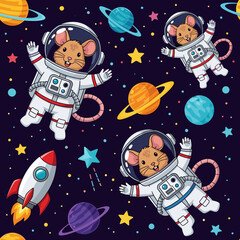 Cute cartoon astronaut mice floating in space with planets and stars Whimsical space adventure