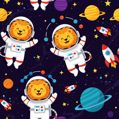 Happy cartoon astronaut lions float in space with planets and rockets Fun childish adventure