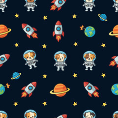 Cute cartoon astronaut dogs rockets planets and stars in a fun seamless space pattern
