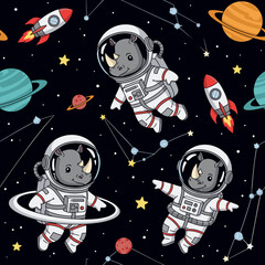 Cute cartoon rhino astronauts explore the vibrant galaxy surrounded by planets rockets and stars