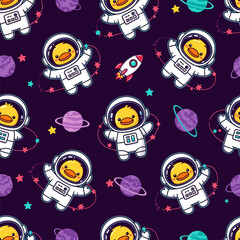 Playful seamless pattern with cute duck astronauts rockets planets and stars in space