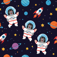 Happy moles in astronaut suits explore colorful space with planets stars and rockets Fun childhood adventure