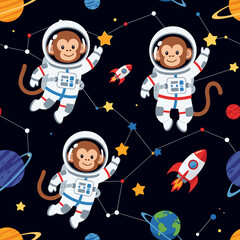 Playful cartoon monkeys in astronaut suits floating in space with planets stars and rockets Kids adventure