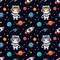 Cute astronaut cats rockets and planets in a fun seamless space pattern Perfect for kids designs