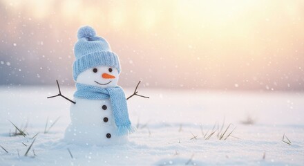 Cheerful Snowman in Winter Landscape with Soft Snowfall and Warm Light During Sunset