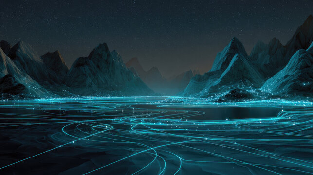 Digital landscape with light blue lines and undulating mountains featuring data points and connections creating futuristic high-tech atmosphere for innovation technology business backgrounds.