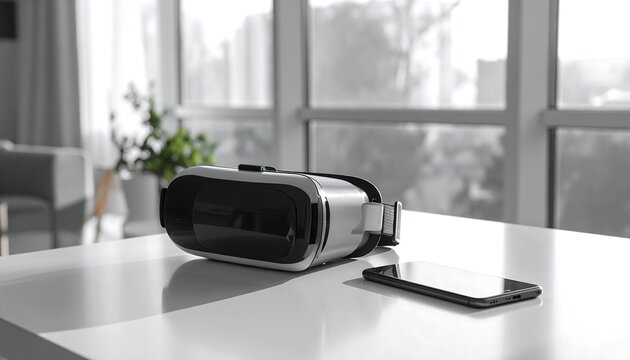 Virtual reality headset and smartphone on a table in a modern room.