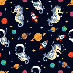 Whimsical cartoon seahorse astronauts explore outer space with rockets and planets Fun kids design