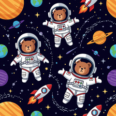 Cute cartoon bear astronauts exploring colorful outer space with planets and rockets Fun cosmic adventure