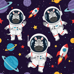 Seamless pattern Happy zebra astronauts in space with planets rockets and stars