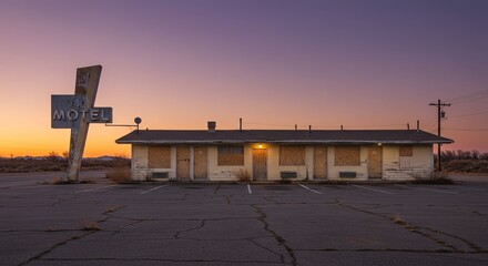 Abandoned motel at twilight evokes nostalgia and the allure of the open road.