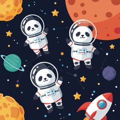 Cute cartoon pandas in astronaut suits explore outer space with planets stars and a rocket