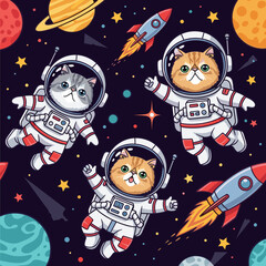 Cute astronaut cats explore outer space with rockets and planets conveying adventure and discovery