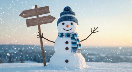 Cheerful Snowman with Blue Hat and Scarf in Winter Wonderland Under Falling Snow