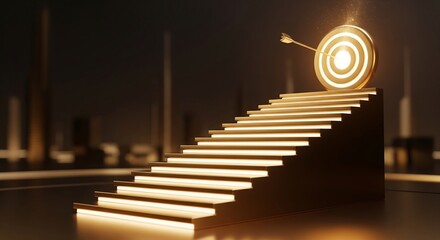 Achieve success concept golden stairs leading to target with arrow business goal achievement path