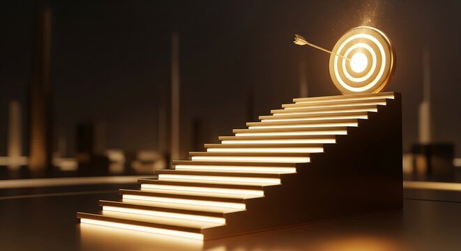 Achieve success concept golden stairs leading to target with arrow business goal achievement path