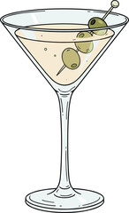 Simple Line Art Cocktail Drink with Olives in Glass Illustration