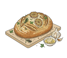 Detailed Watercolor Garlic Bread Loaf on Wooden Board Illustration