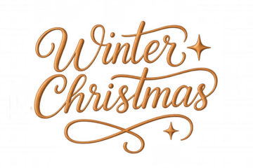 Golden italic script text spelling winter christmas, featuring elegant calligraphy and decorative stars on a transparent background
