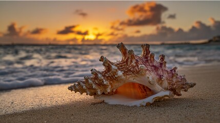 Gorgeous Conchs Scattered Along the Sunny Seaside—Their Shiny, Swirled Shells in Soft Hues of White, Pink, and Blue Glow Under the Sun, Blending Perfectly With the Blue Waves, Golden Sand