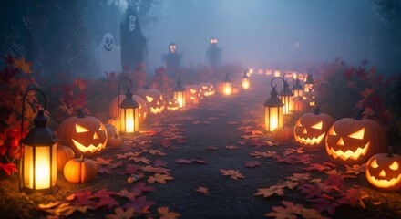 Foggy path lined with carved lit pumpkins and lanterns leads into darkness with shadowy ghostly figures