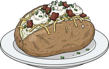 Handdrawn Detailed Loaded Baked Potato With Cream Cheese Food Dish