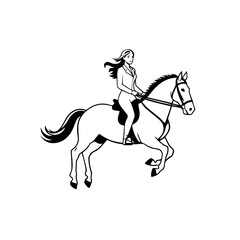 Black and white line art of a beautiful woman with perfect body riding horse elegant minimalist illustration
