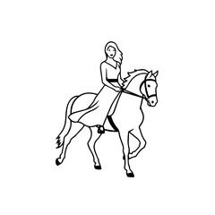 Black and white line art of a beautiful woman with perfect body riding horse elegant minimalist illustration
