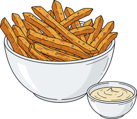 Hand Drawn Detailed French Fries Bowl with Sauce Food Illustration