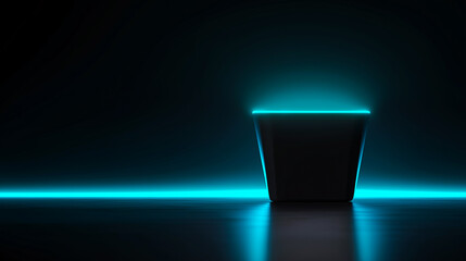 Futuristic pedestal illuminated by glowing blue light in a dark, minimalist space. Ideal for tech branding, product mockups, or digital concept art.