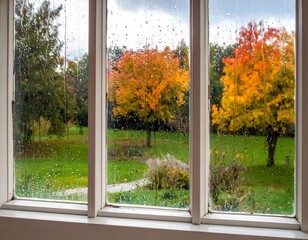 Autumn view through a rainy window